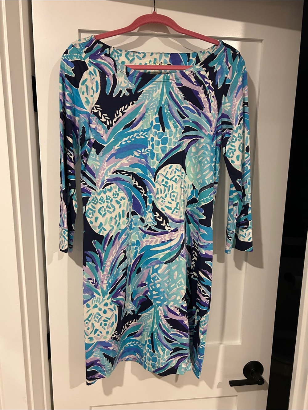 Lilly Pulitzer Tropical-Print Boatneck Dress in Aqua Blue